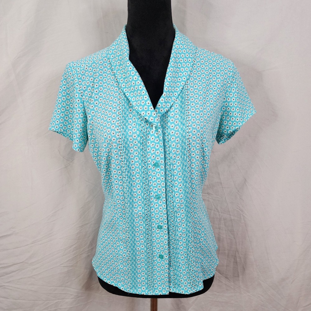 COVINGTON Size Small Turquoise Blue Ditsy Floral Pleated Shawl Collar Blouse EUC - Picture 3 of 9